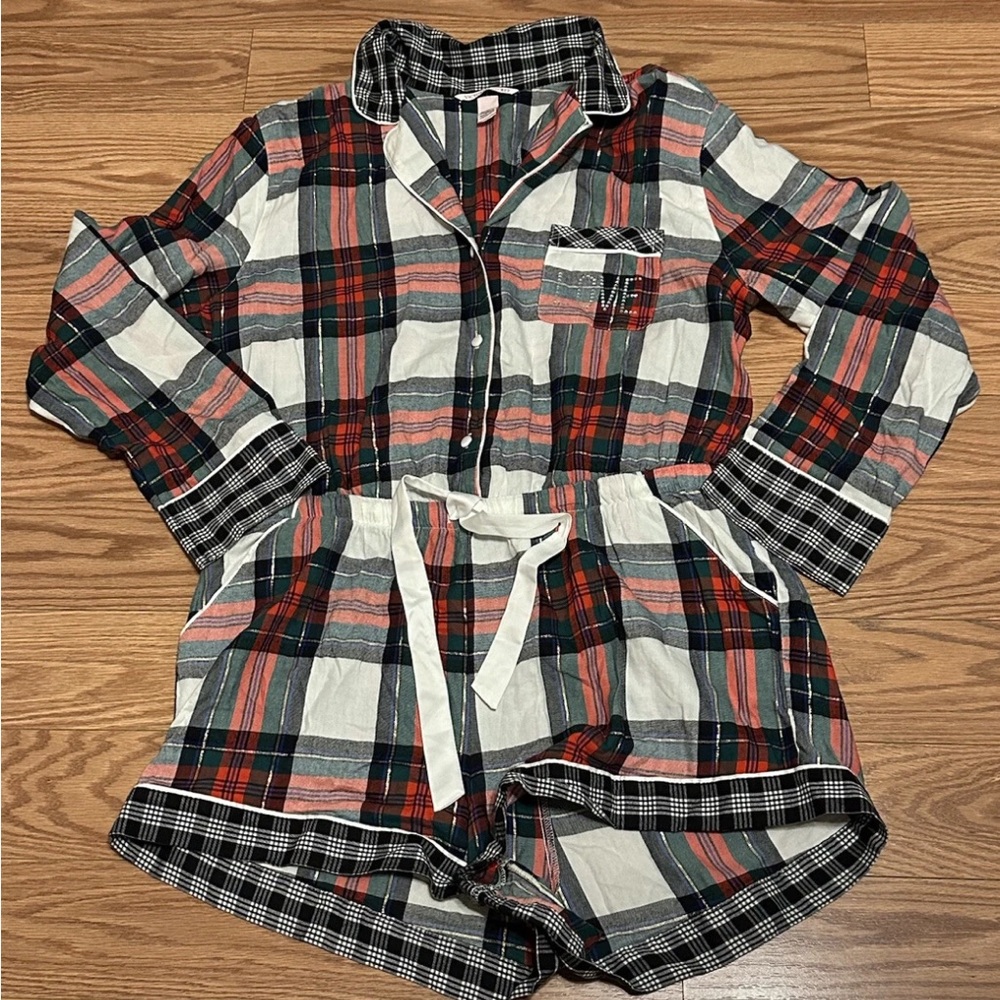 Victoria’s Secret Plaid Cotton Shorts Romper Pajamas Size Large